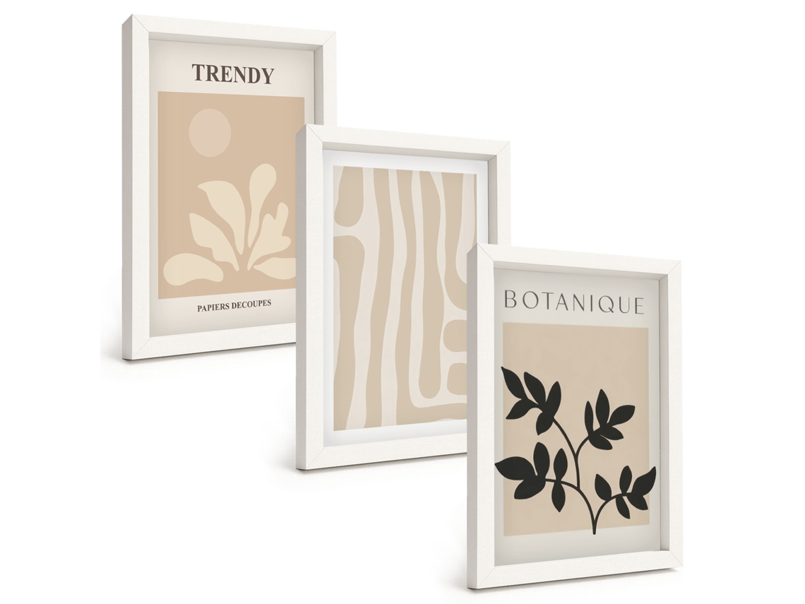 Quadros Decorativos Para Parede Padrões Elegantes De Plantas Em Preto E Bege Moldura Branca Pinturas De Quarto Espelharte (3 Peças 20x30 Cm)