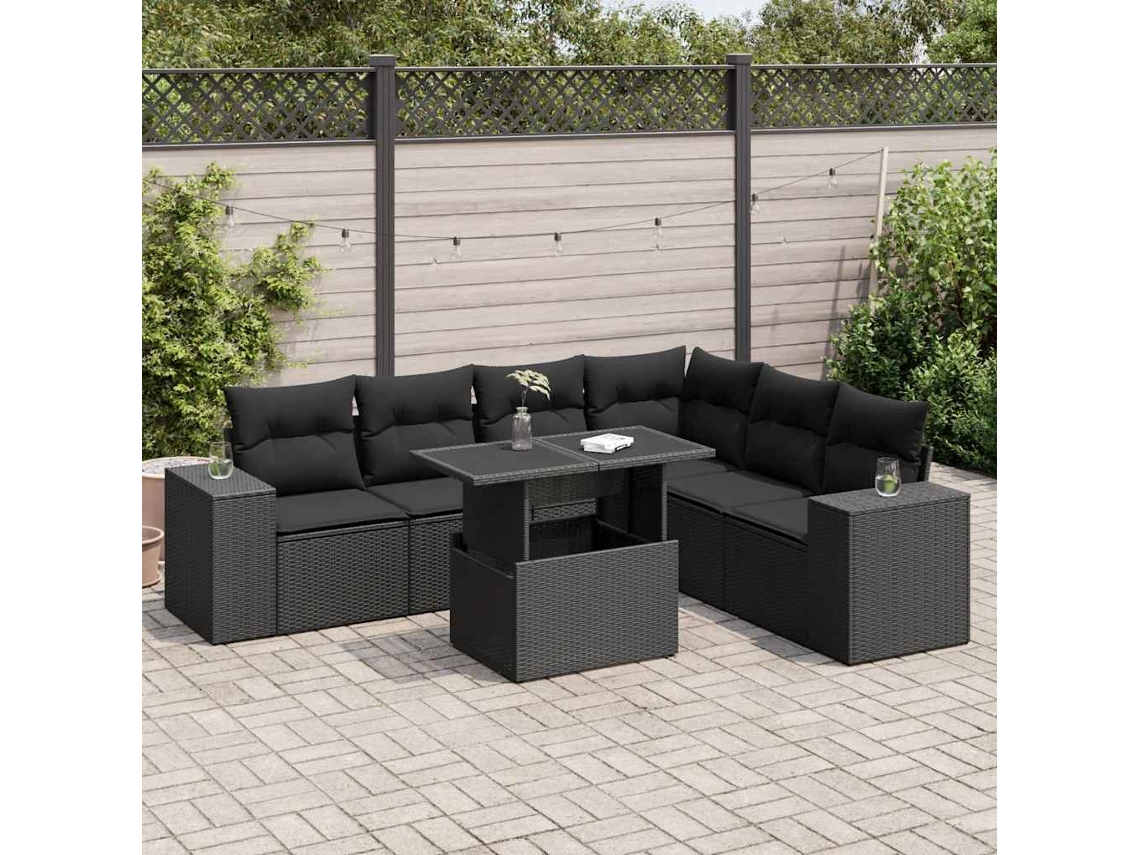 Vidaxl 7 Pcs Conjunto De Sofás P/ Jardim C/ Almofadões Vime Pe Preto
