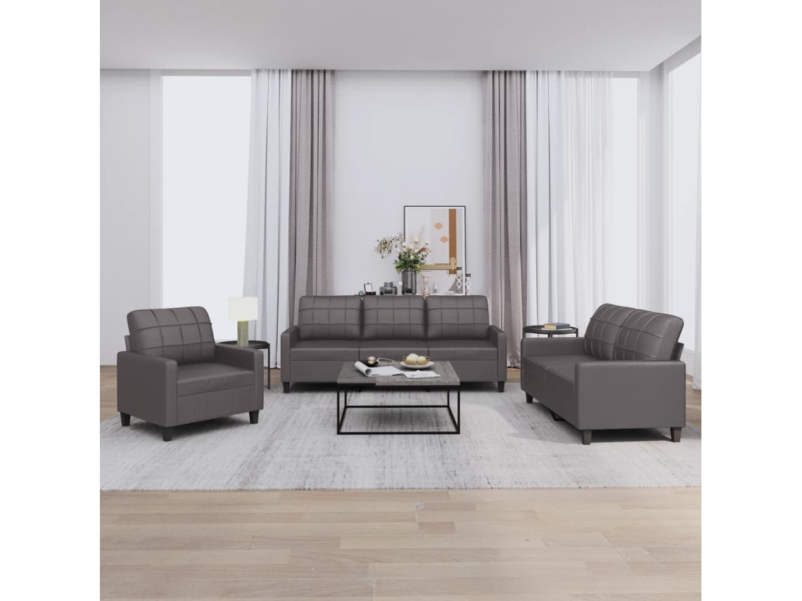 Vidaxl 3 Pcs Conjunto De Sofás C/ Almofadões Couro Artificial Cinzento