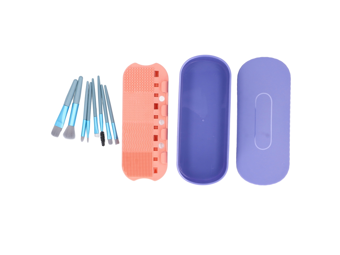 Caixa de Limpeza de Pincéis de Maquilagem Silicone 3 em 1 com 8 Pincéis e armazenamento secagem Roxo | S/MARCA