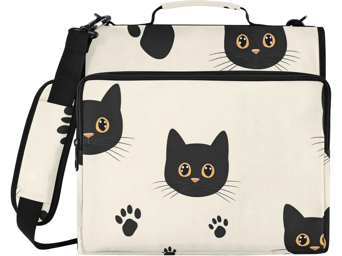 Pasta De Argolas Com Estampa Gato Preto Fofo 3, 8cm 1, 5 Polegadas, Com Alça E Bolso Interno Zíper, Ideal Uso