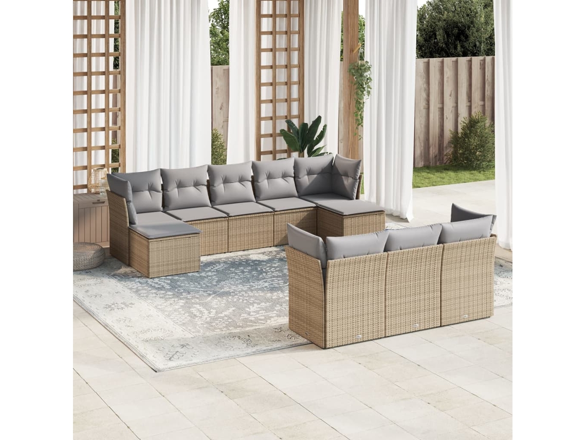 Vidaxl 10 Pcs Conjunto De Sofás P/ Jardim Com Almofadões Vime Pe Bege