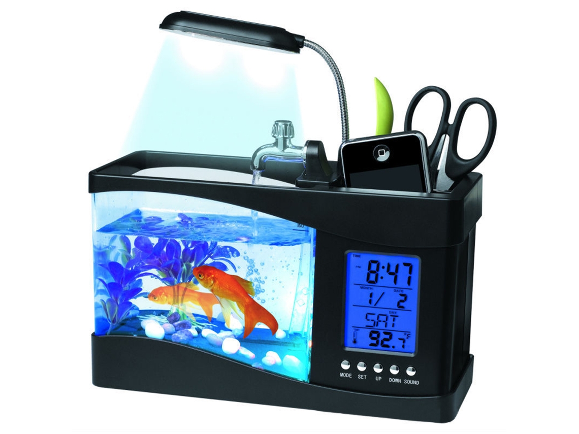 Peixe Aquário Usb Mini Com Luz Led, Lcd E Caixa De Armazenamento