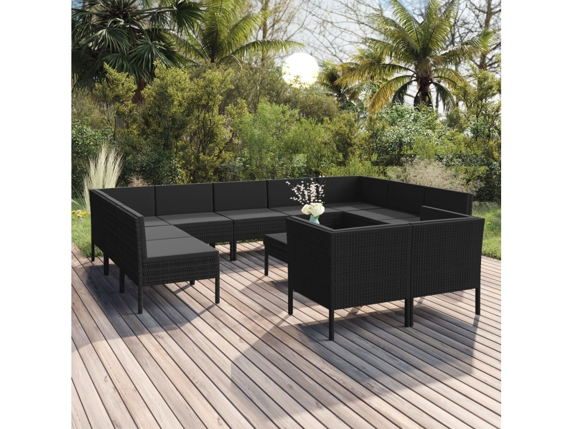 Vidaxl 12 Pcs Conjunto Lounge De Jardim C/ Almofadões Vime Pe Preto