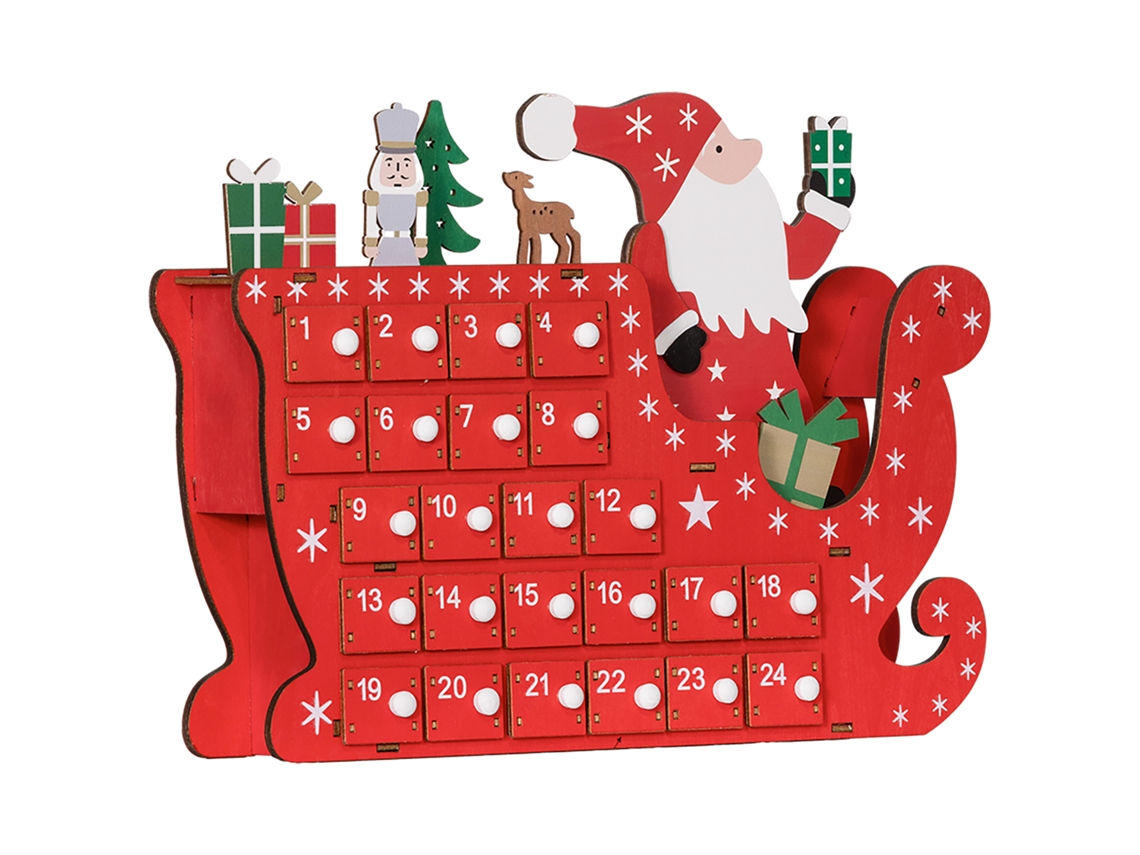 Calendário de Natal de Madeira, 24 Gavetas, Papai Noel, Trenó, 22,5x8x36cm Vermelho S/MARCA