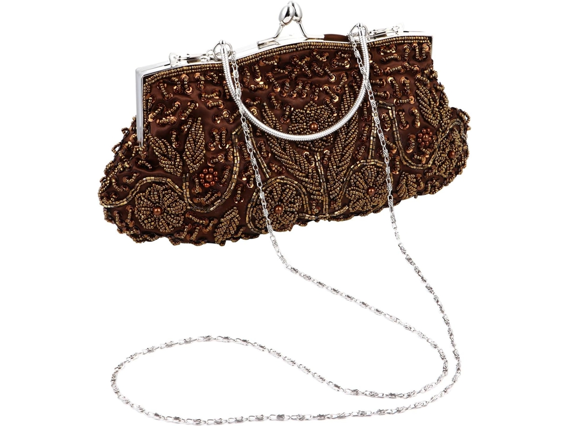 Clutch De Noite Bordada À Mão Em Tom Marrom Café, Bolsa Feminina Em Material Resistente Para Eventos.