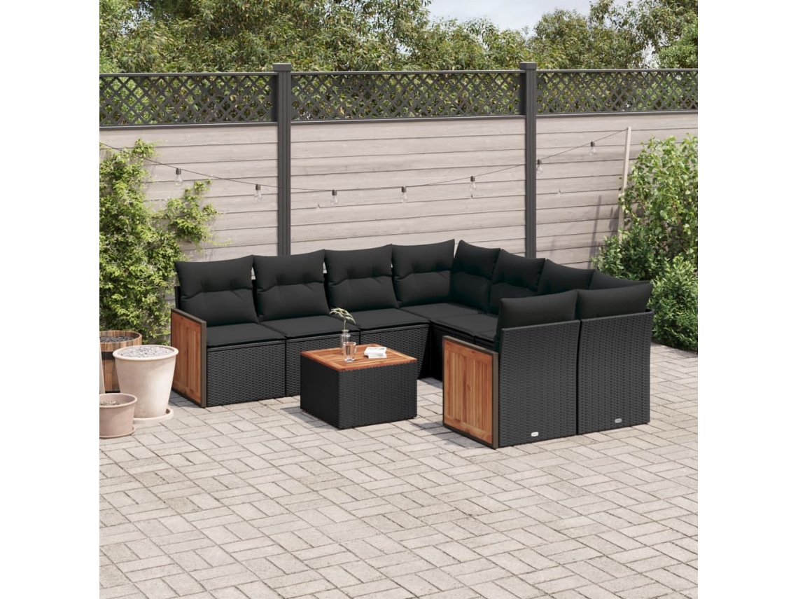 Jogo de Sofá 9 Peças P/ Jardim C/ Almofadões Vime Pe Preto Dkd Home Decor