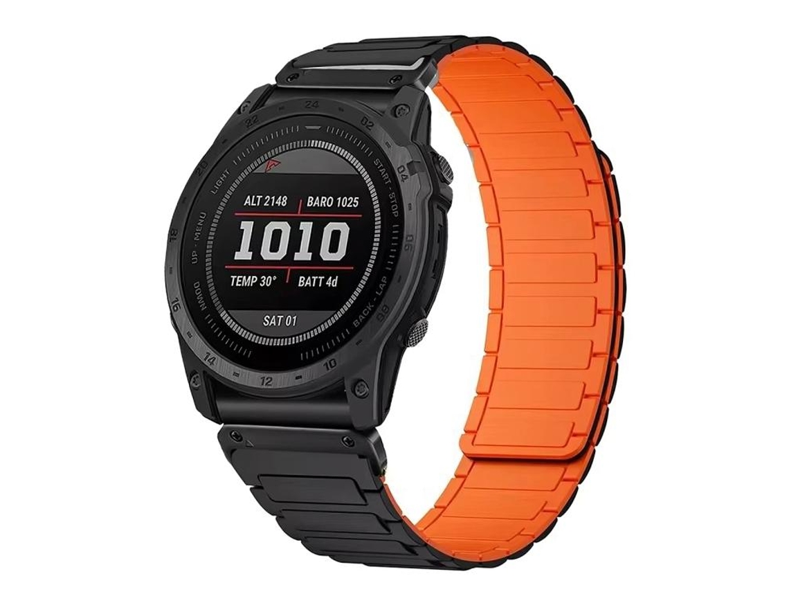 Bracelete Para Garmin (22mm) - Silicone Magnético - Três Contas Preto, Laranja E Conector Preto