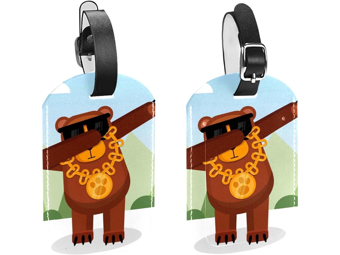 Conjunto De 2 Etiquetas Bagagem Em Couro Pu Com Estampa Urso E Outros Animais Proteção Da Privacidade
