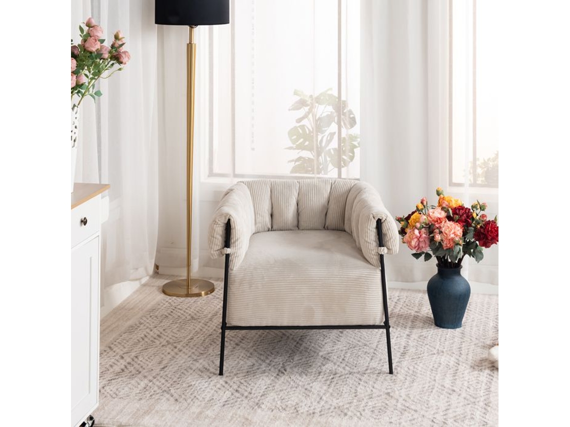 Cadeira Confortável Poltrona Moderna Sofá 1 Lugar Com 1 Almofada Em Veludo Canelado Bege Para Sala Domco Meubles Cosy