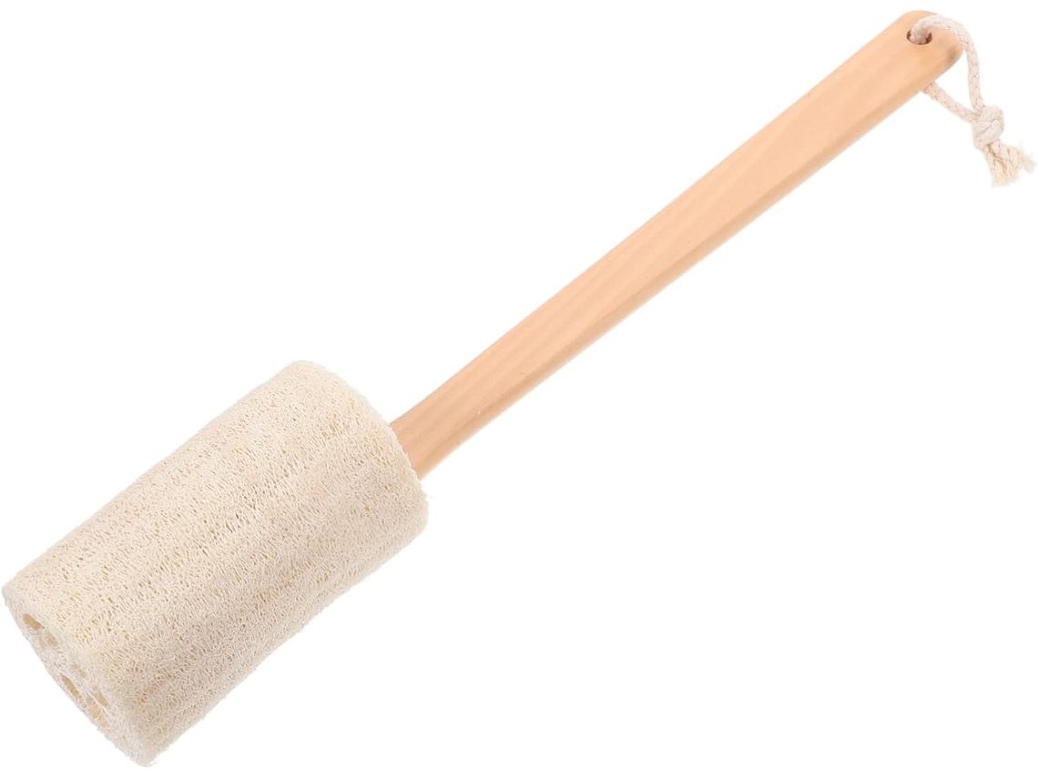 Escova De Banho Corporal Madeira Com Esponja Bucha Natural, Cabo Longo Ergonômico Para Esfoliação E Escovação A Seco