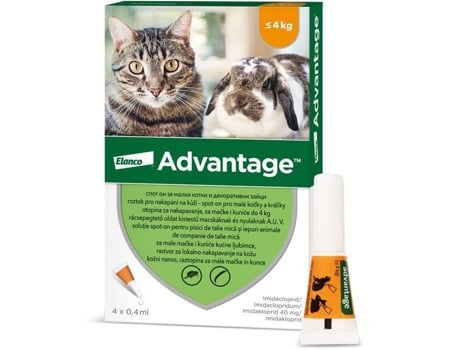 4 × 0,4 ml Spot On para gatos pequenos e coelhos Advantage