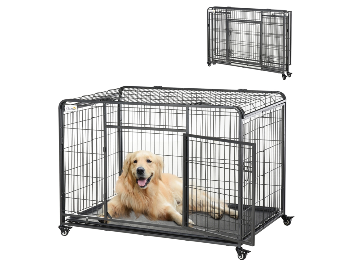 Cage For Dogs Foldable Of Metal Large 125x76x81 Cm With Wheels And Frenos Tray Extraíble And Door With Pestillos For Golden