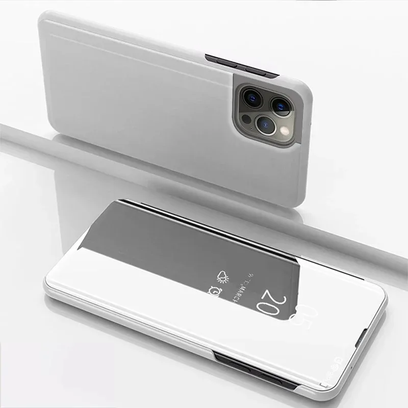 (iphone 14 Plus Silver) Caso De Telefone, Espelho Inteligente Clamshell Couro Chapeamento Suporte Tampa Traseira À Prova De Choque