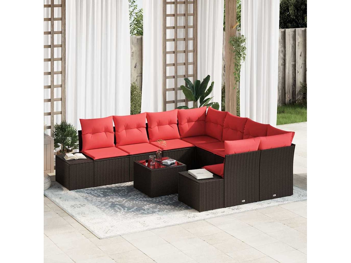 Vidaxl Conjunto De Sofá De Jardim 9 Unid. Bege E Vermelho Vime Pe