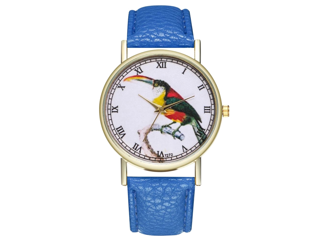 Relógio de quartzo unissex com pulseira de couro PU Zhoulianfa, mostrador azul royal com pássaro.
