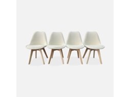 Cadeira Estilo Escandinavo Em Tecido Bouclé Com Pés Em Madeira, Set De 4, Branco