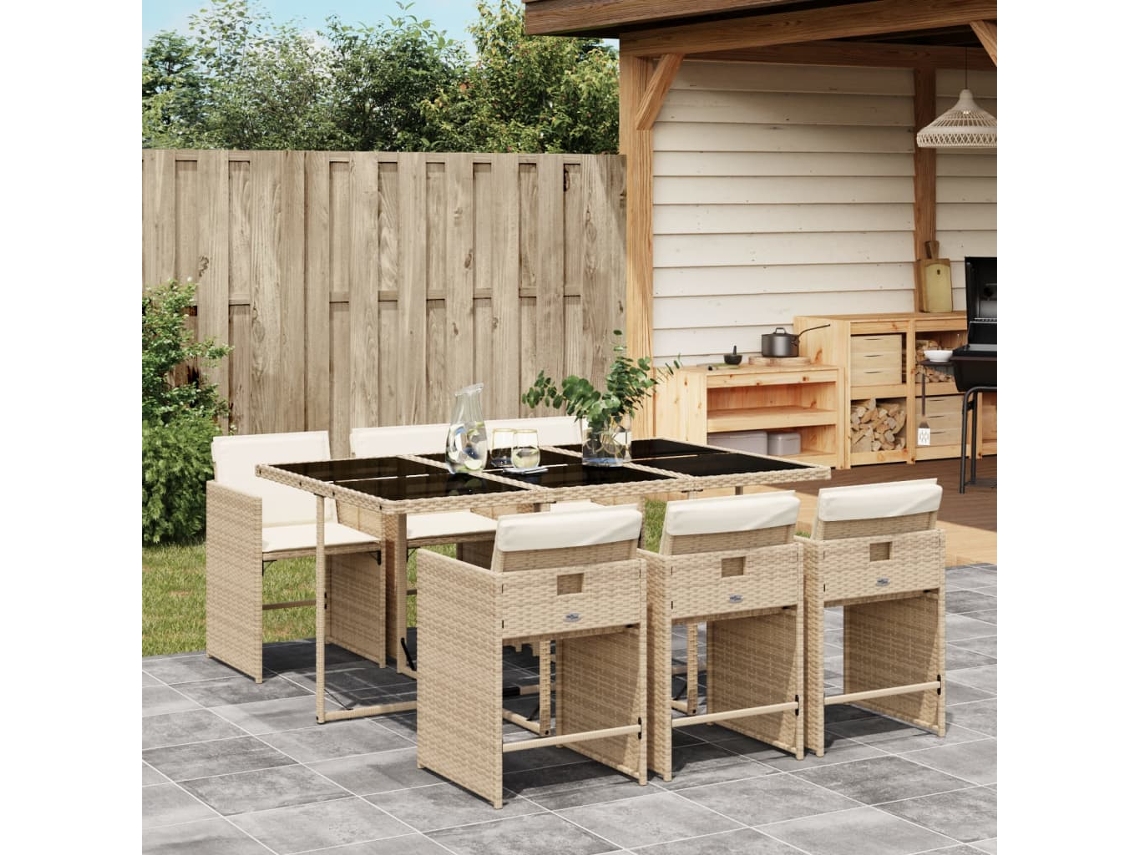 Vidaxl 7 Pcs Conjunto De Jantar P/ Jardim Com Almofadões Vime Pe Bege