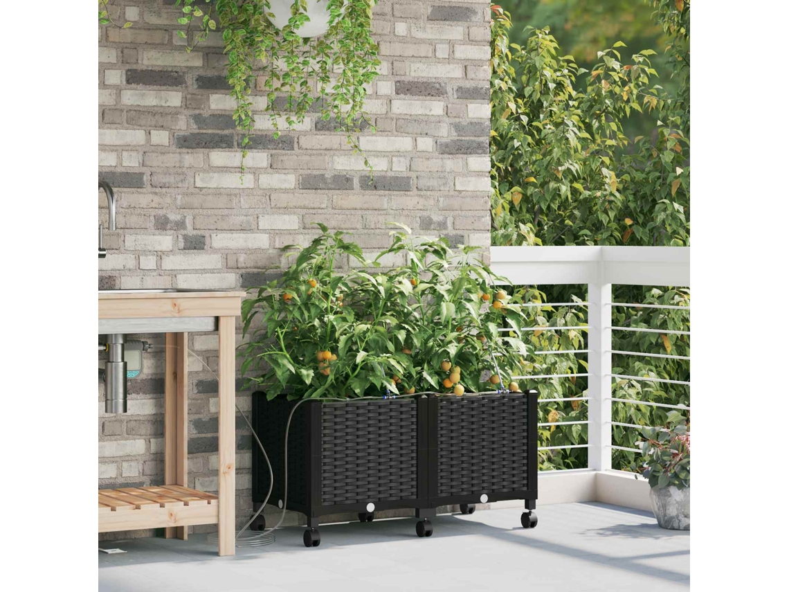 Vidaxl Jardineira Com Irrigação E Rodas 2 Unid. Preto Pp