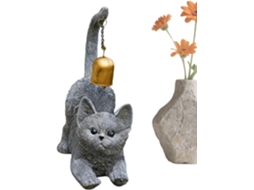 Estatueta De Gato Se Espreguiçando Em Resina Com Sino.