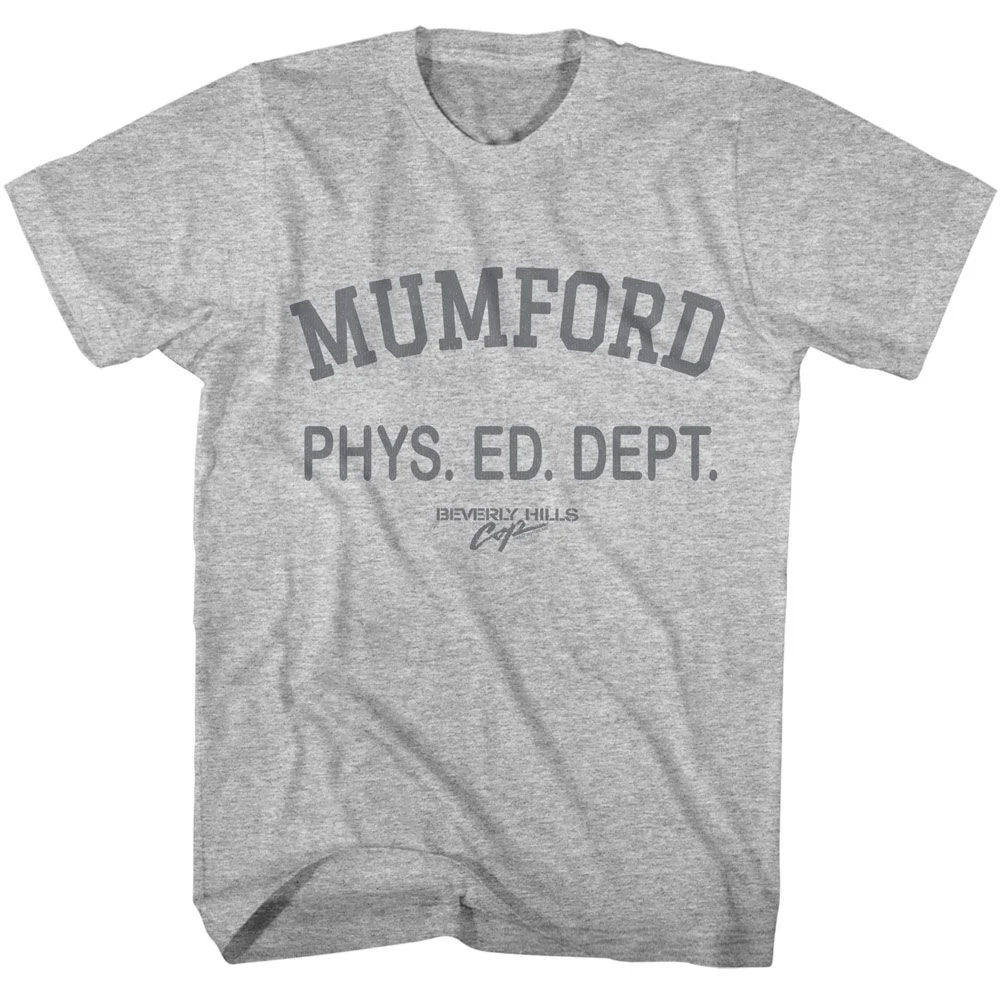 Unisex Adult T-shirt Rockinstone Beverly Hills Cop Mumford Phys Ed Dept Gray Heather Sizexxxl