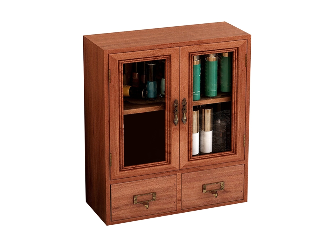 Armário de Armazenamento de Mesa de Madeira Retro com Portas e Gavetas para Cosméticos e Bijuterias