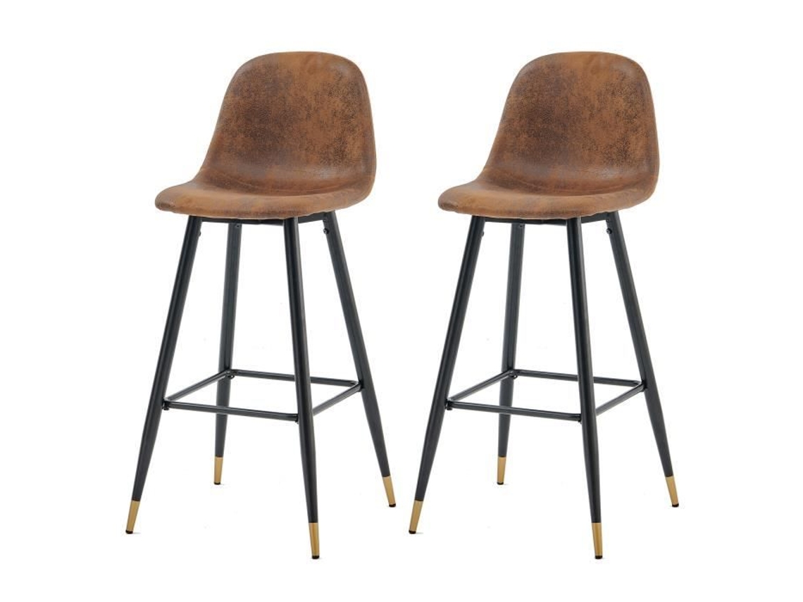 Conjunto De 2 Cadeiras De Bar Altas Assento Em Tecido De Veludo Marrom, Pés Em Metal Preto E Dourado Meubles Cosy