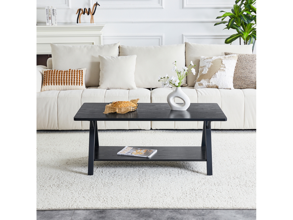 Mesa Centro Industrial Metal Madeira Preta 110x57x45cm