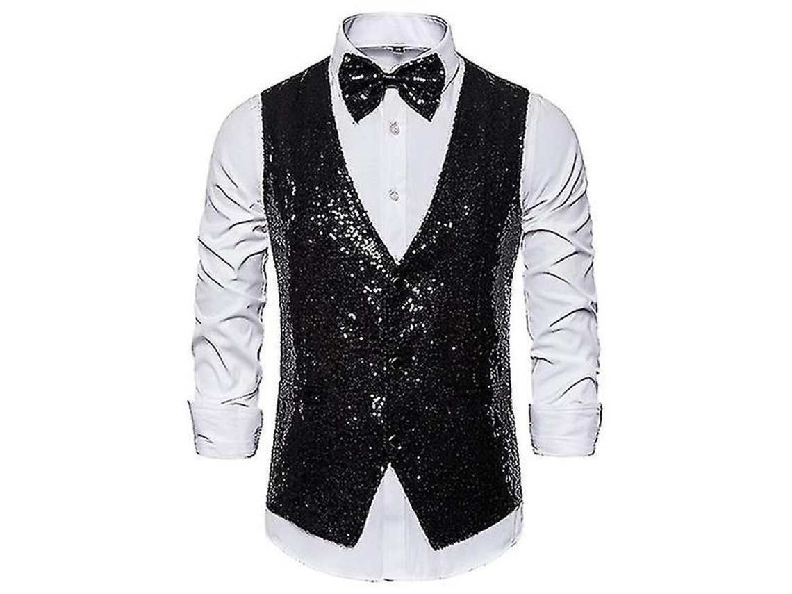 Fasst Chaleco de Lentejuelas para Homem com V neck brilho, traje de festa e gravata de laço ajustável | S/MARCA