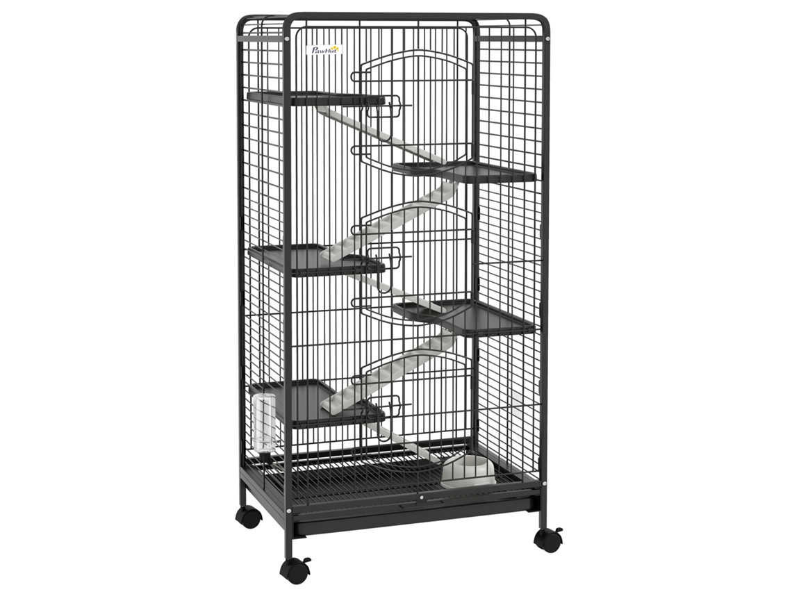 Gaiola Para Pequenos Animais Com 6 Níveis Para Roedores Com Rodas Rampa E Bandeja Amovível 61,5x44x131 Cm Preto