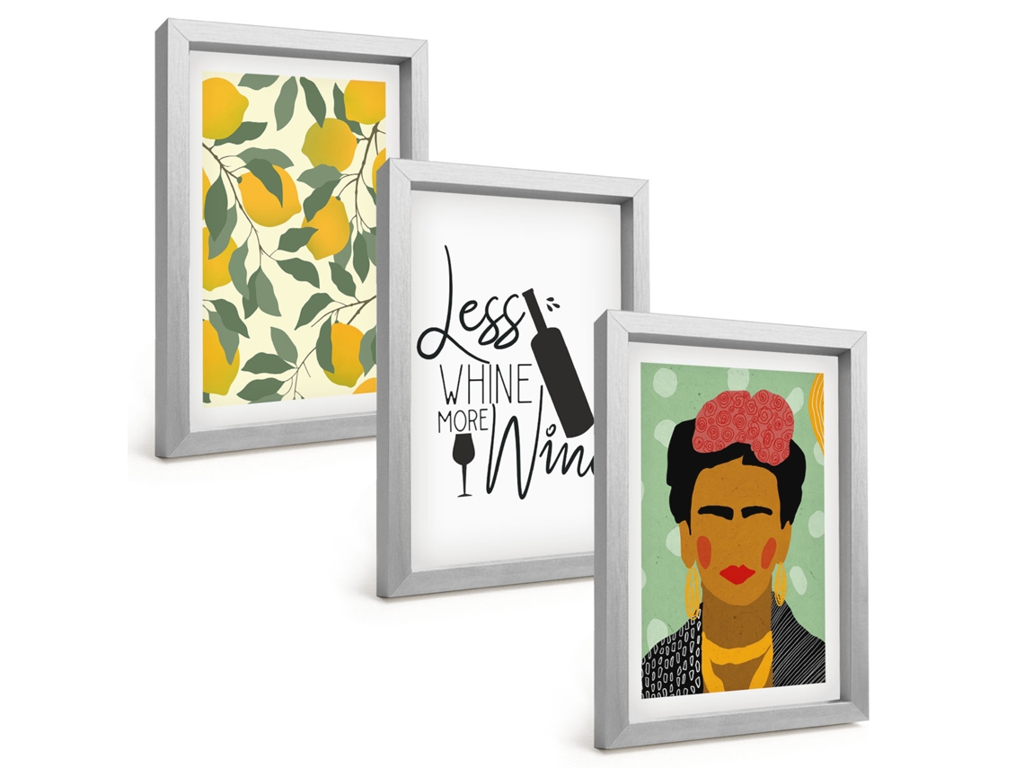 Composição De Quadros Limões, Vinho, Retrato De Frida Espelharte (3 Peças 20x30 Cm)