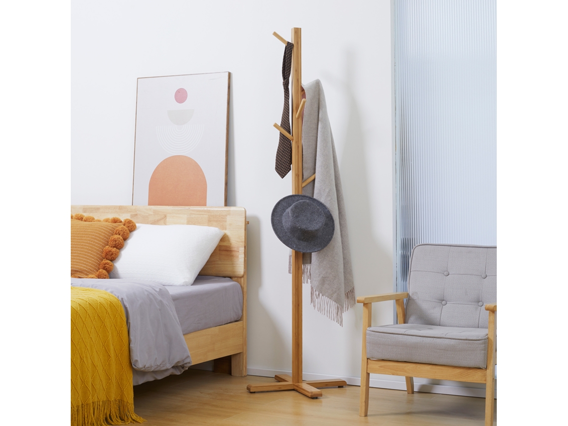 Cabide Em Bambu Pendurar Bolsas Chapéus No Corredor Entrada Quarto Madeira 8 Ganchos De Pé 49,5x49,5x178 Cm