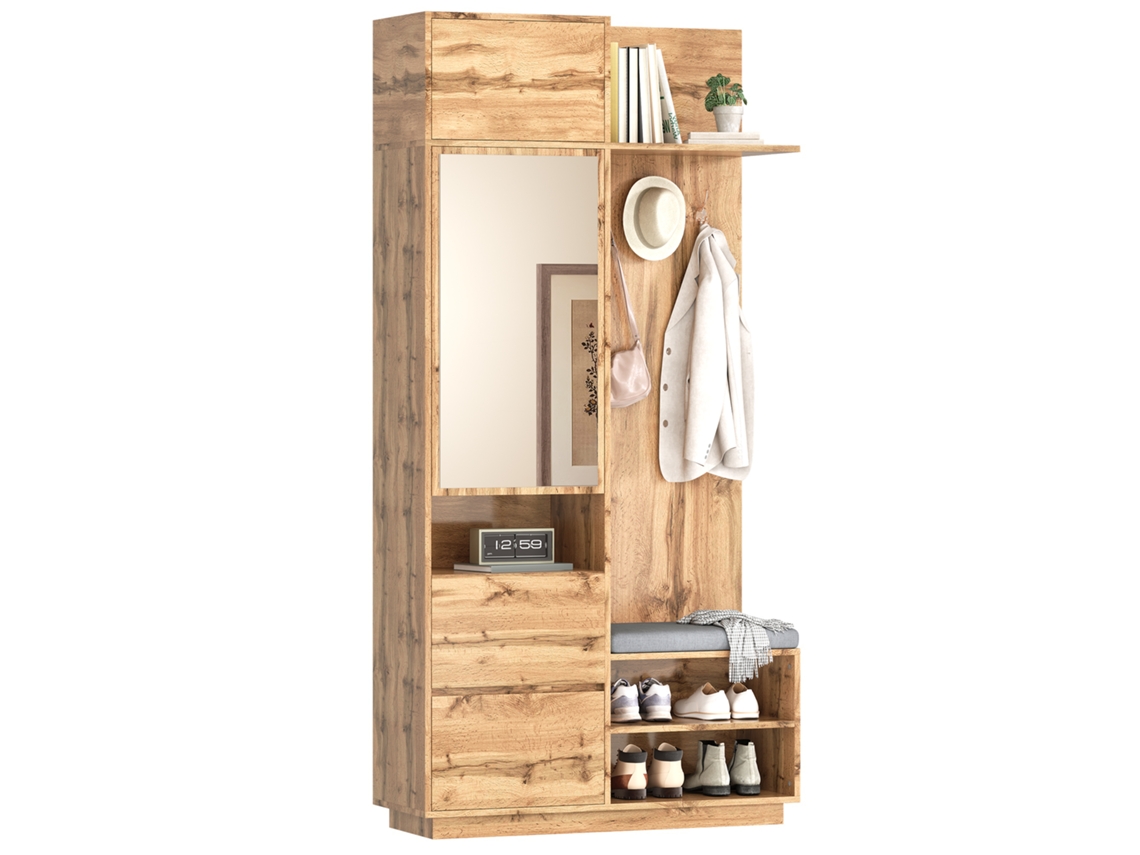 Roupeiro Compacto com Espelho, Banco e Sapateira Cor Natural 90 cm MOBRIO