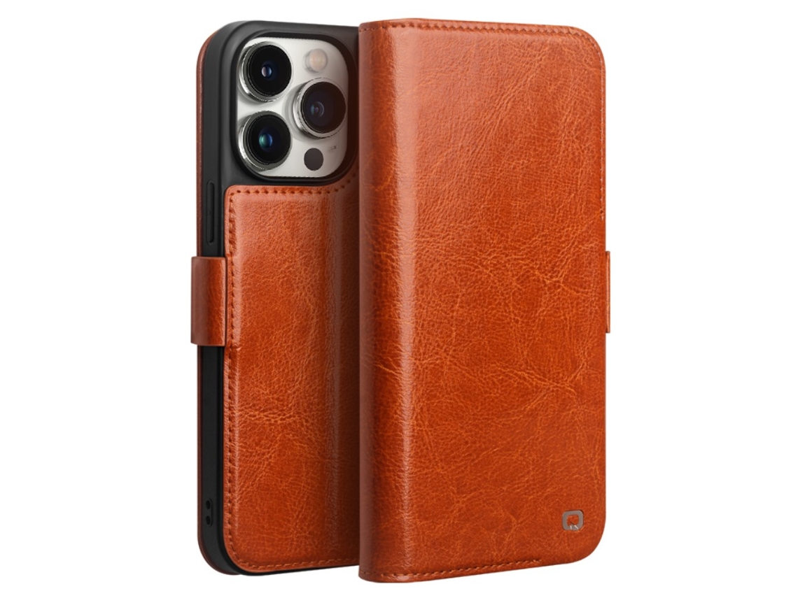 Capa Genuíno Para Iphone 14 Pro Max Qialino Pele Magnética Castanho