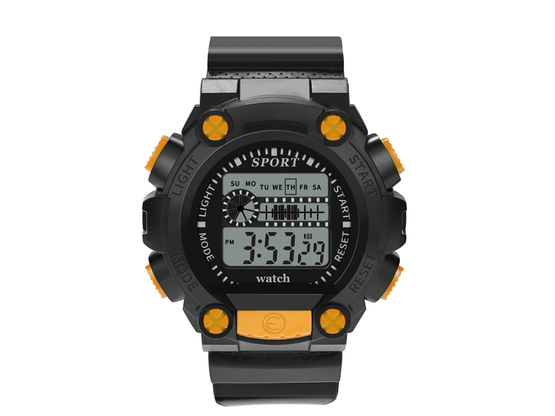 Relógio esportivo casual eletrônico masculino com pulseira de PVC laranja.