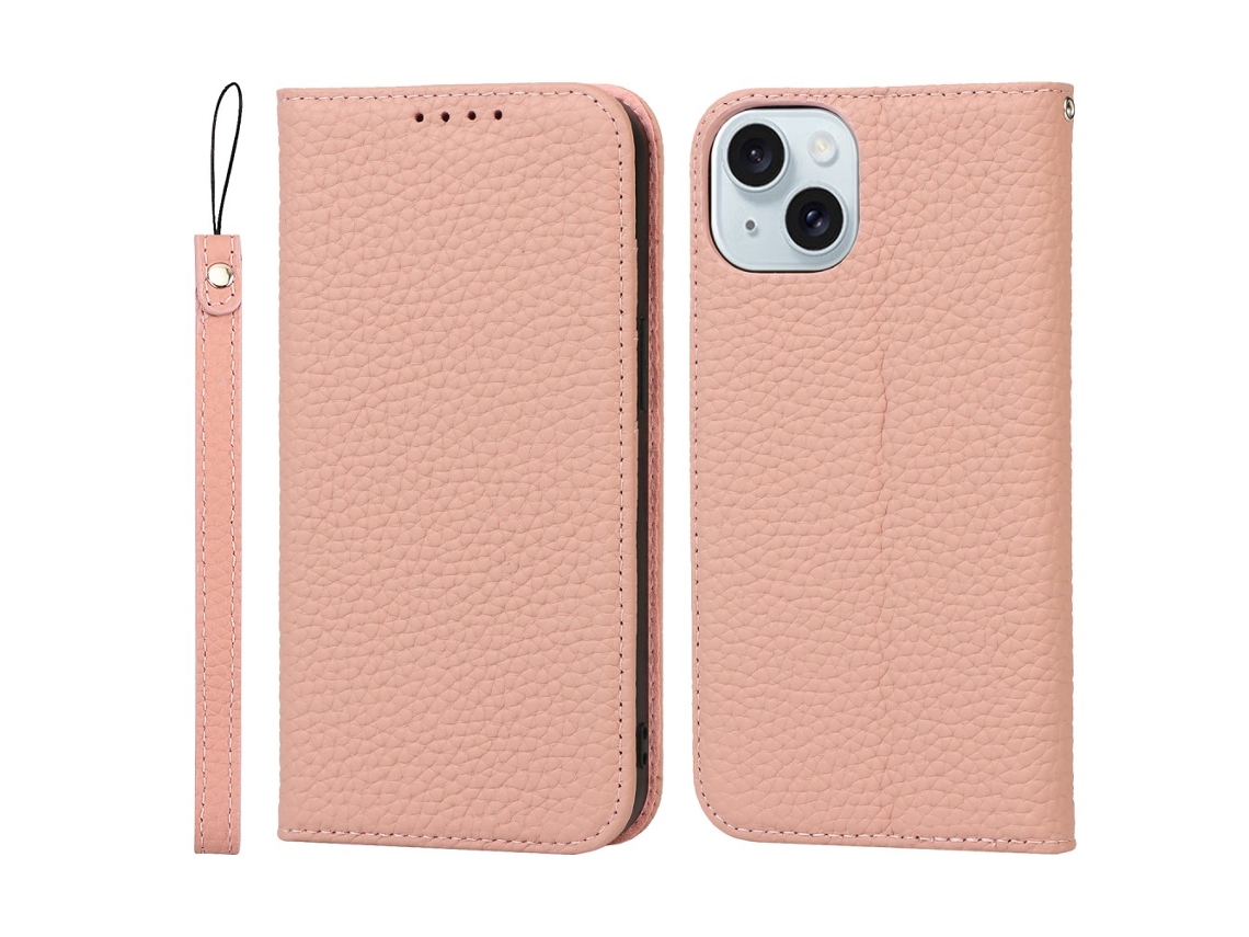 Capa Em Couro Genuíno Textura De Lichia, Anti-riscos Com Suporte Para Apple Iphone 15 - Rosa