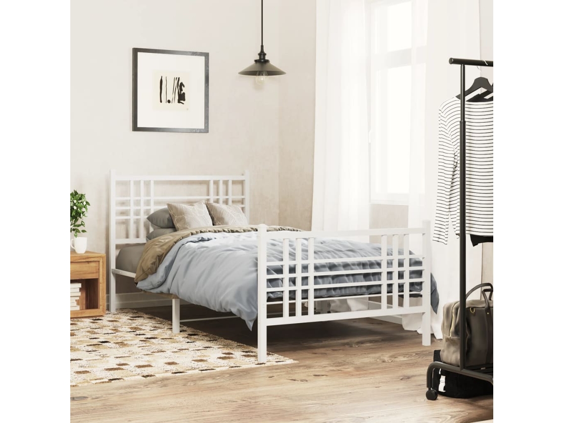 Vidaxl Estrutura De Cama Com Cabeceira E Pés 90x200 Cm Metal Branco