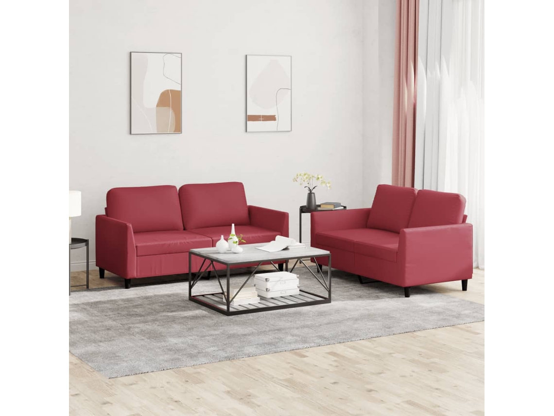 Vidaxl 2 Pcs Conjunto Sofás C/ Almofadões Couro Artif. Vermelho Tinto