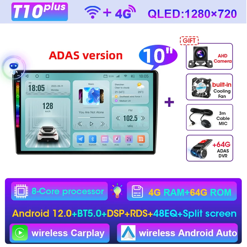 (t10 Plus Adas De 10 Polegadas) Sistema Multimídia Android 2d Para Carro, Compatível Com Nissan, Kia, Honda E Gm.