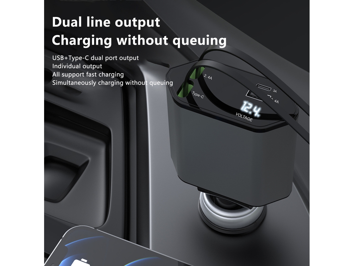 Carregador De Carro Retrátil 4 Em 1 De 120 W, Cabo Usb Tipo C Para Telefone, Adaptador De Carregamento Rápido SUNNY SPACES