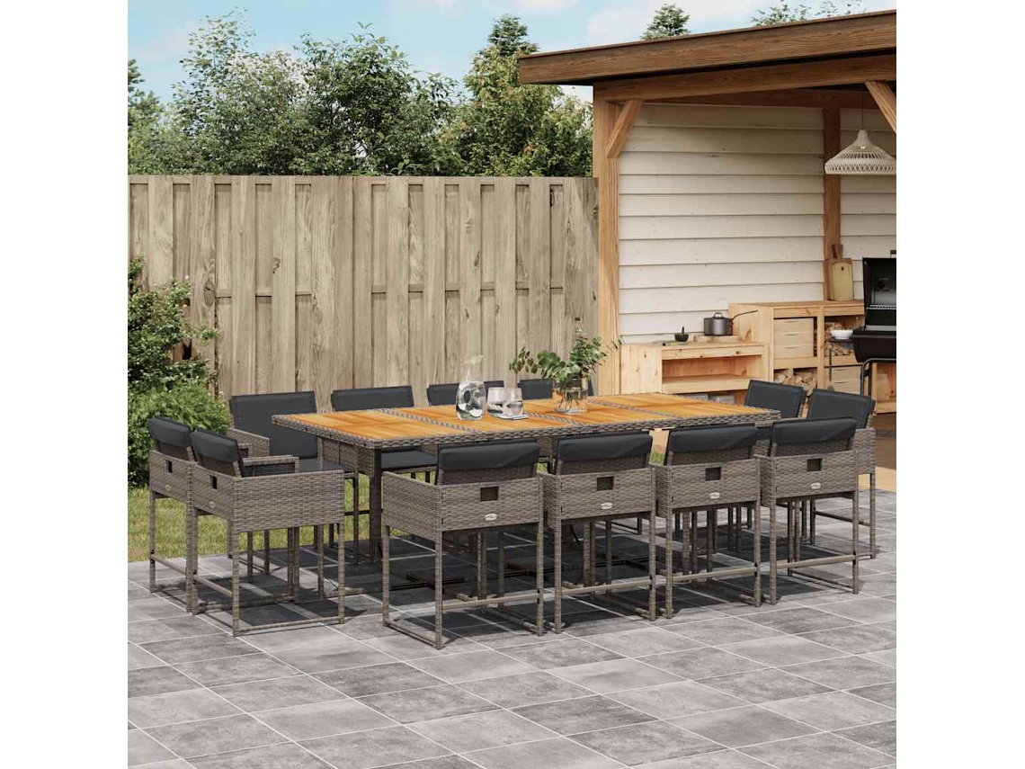 Vidaxl 13 Pcs Conjunto Jantar P/ Jardim C/ Almofadões Vime Pe Cinzento
