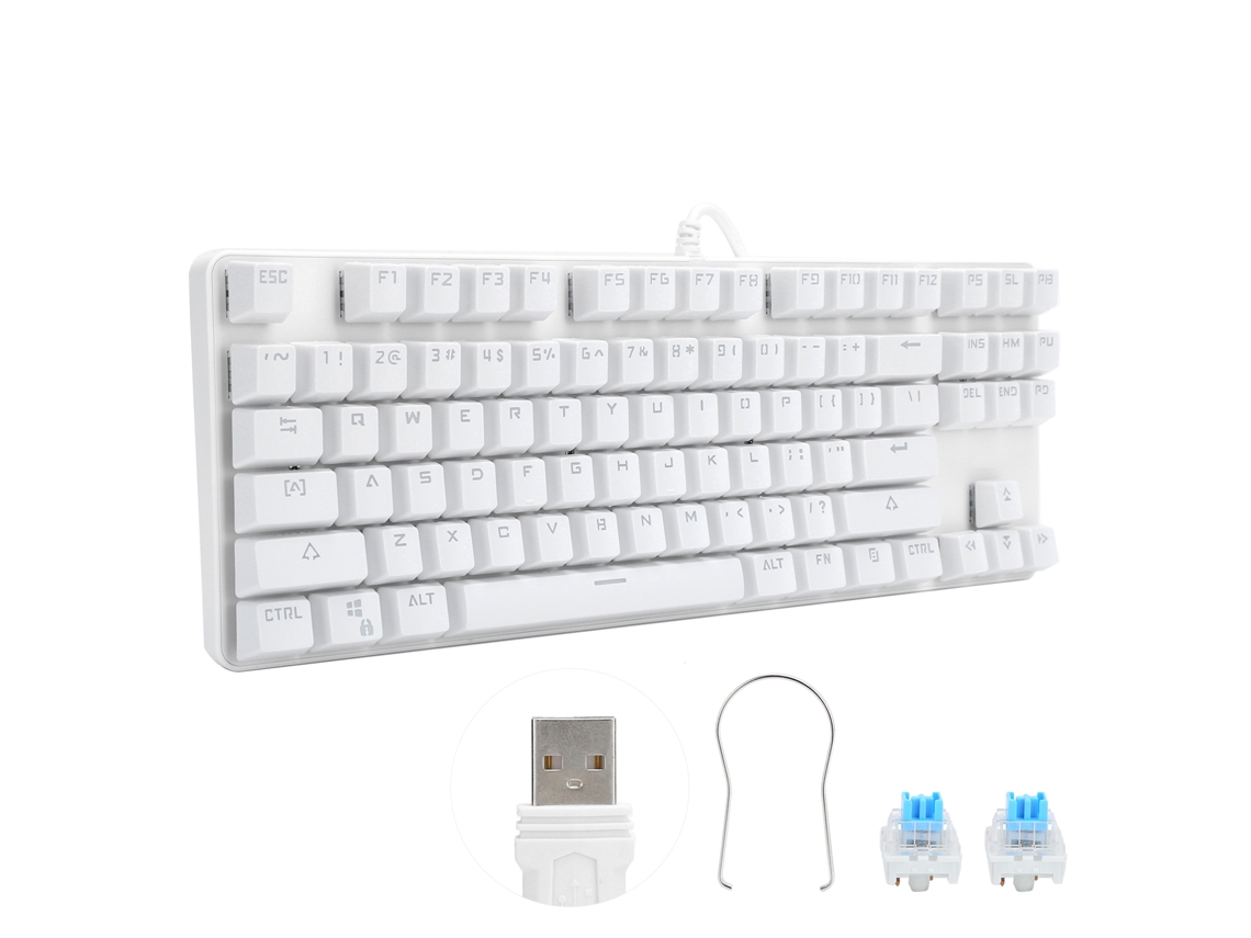 Teclado Mecânico Branco, para Jogos e Esportes Eletrônicos.LAXISCREED (87 Teclas, Interruptor Azul, Iluminação Traseira Mista Colorida)