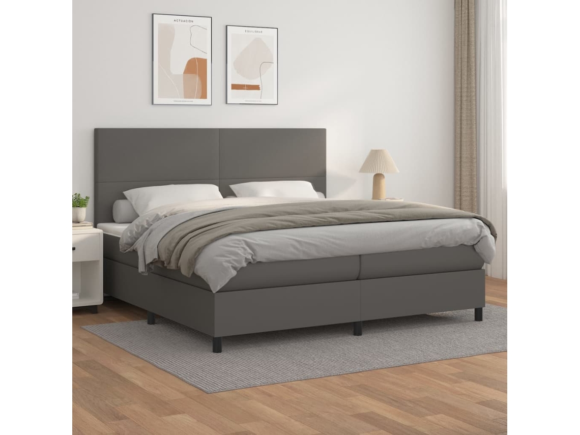 Vidaxl Cama Com Molas/colchão 200x200 Cm Couro Artificial Cinzento