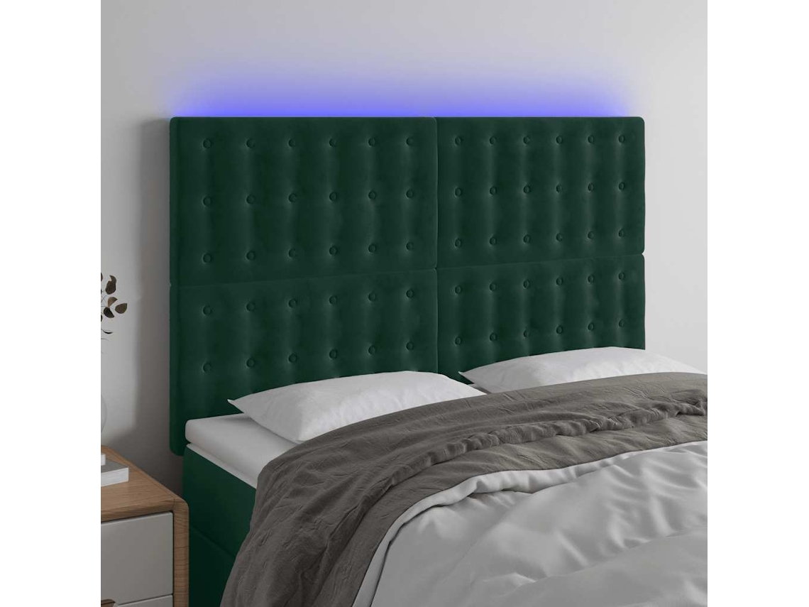 Vidaxl Cabeceira De Cama C/ Led Veludo 144x5x118/128 Cm Verde-escuro