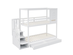 Beliche Infantil, 90*200cm, Cama De Casal Em Madeira Maciça, Formato De Casinha Com Janelas, Design Com Grade De Segurança, Branca
