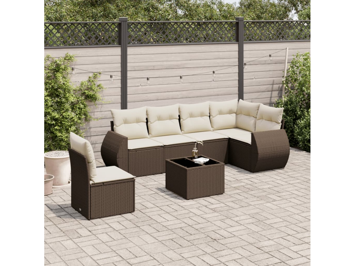 Vidaxl 7 Pcs Conjunto De Sofás Jardim C/ Almofadões Vime Pe Castanho