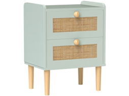 Mesa De Cabeceira 2 Gavetas Efeito Rotim Natural, Moldura Em Madeira, 39,8 × 30 × 52,5 Cm, Verde Azeitona