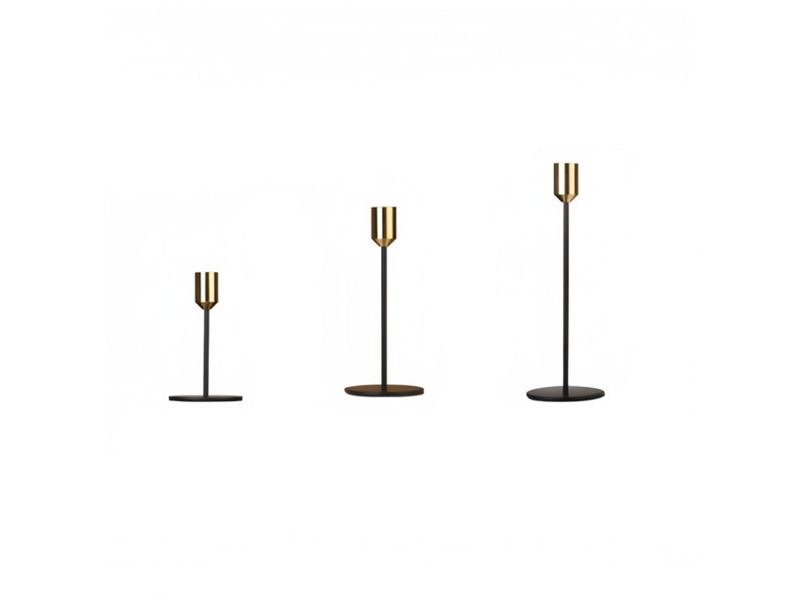 Conjunto 3 Castiçais - Porta Velas Decorativo - Estilo Europeu - Diferentes Alturas - Ferro - Preto E Dourado