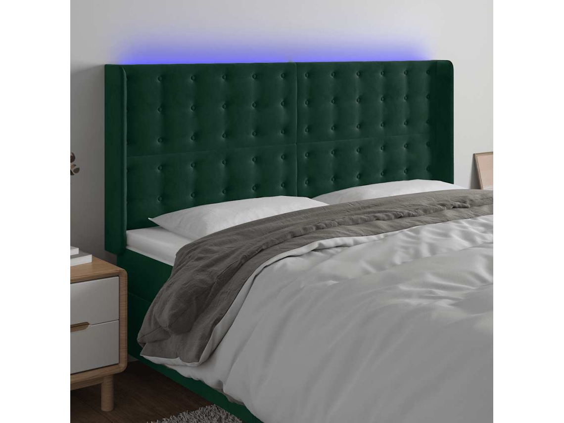 Vidaxl Cabeceira De Cama C/ Led Veludo 183x16x118/128 Cm Verde-escuro