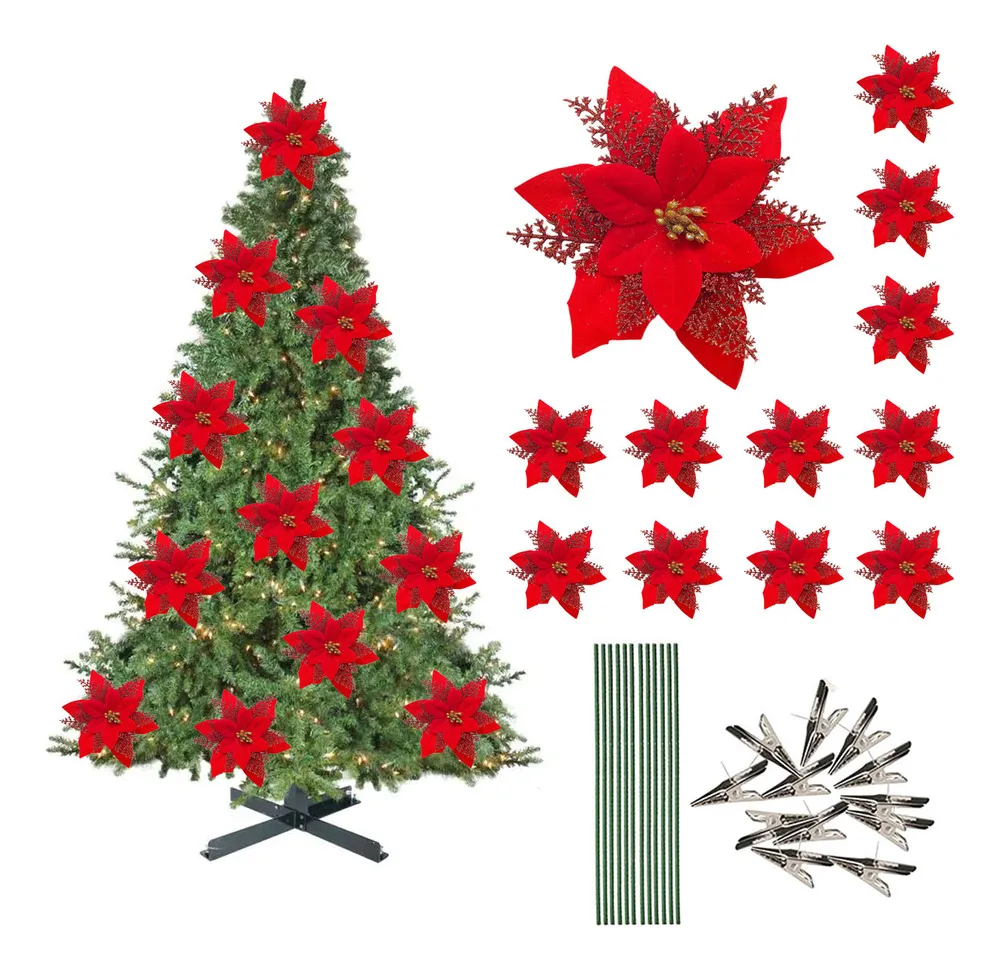 Novas 12 Peças De Flores Artificiais Vermelhas De Natal Comvayotoy